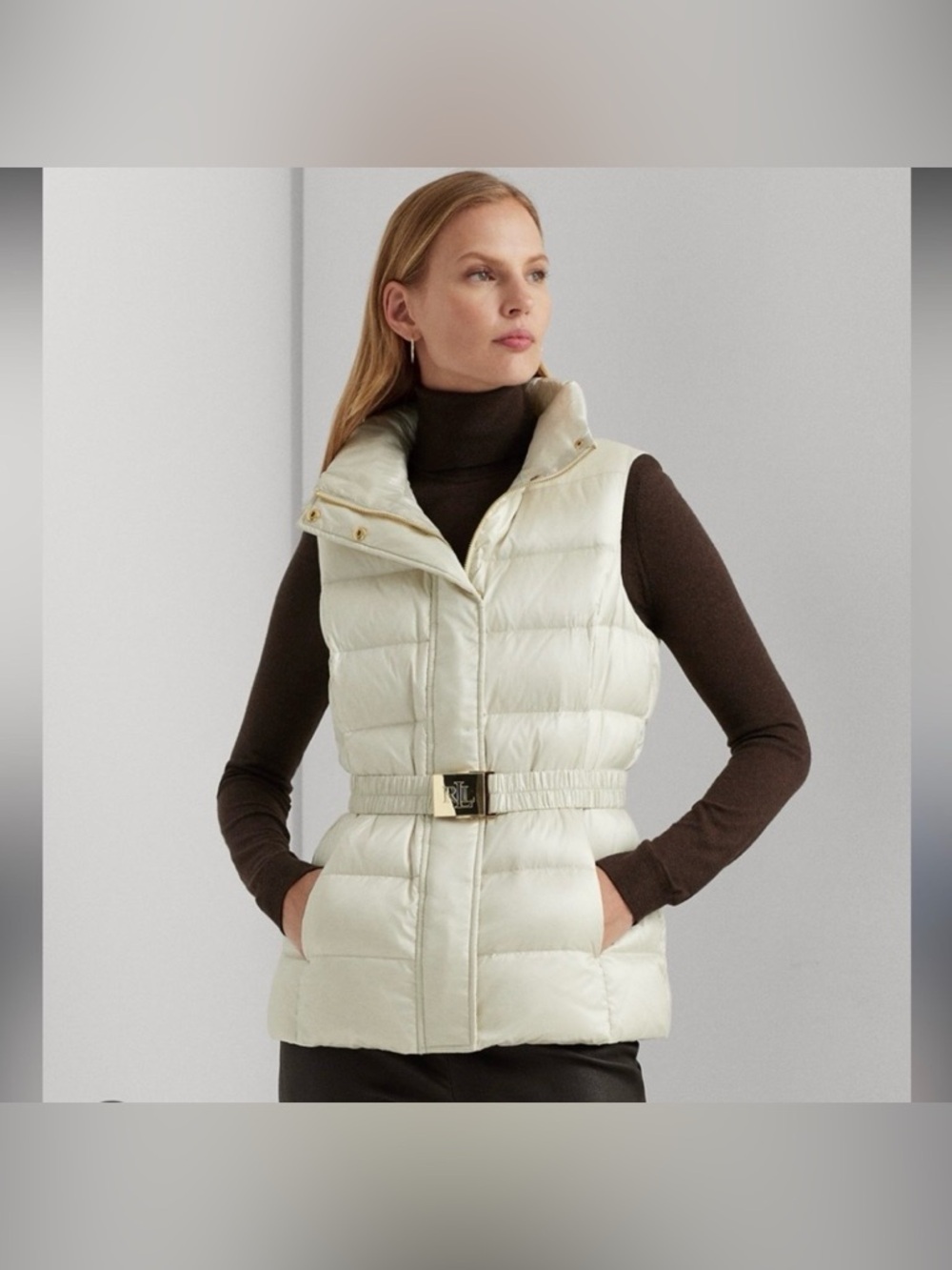 Lauren Ralph Lauren Belted Down Puffer Vest Off White Zip/Snap Sz XL